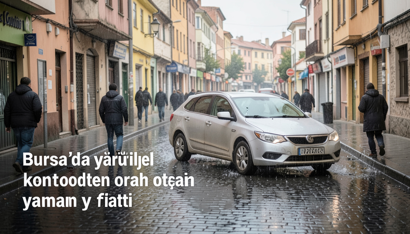 Bursa'da yağış nedeniyle kontrolden çıkan otomobil yan yattı
