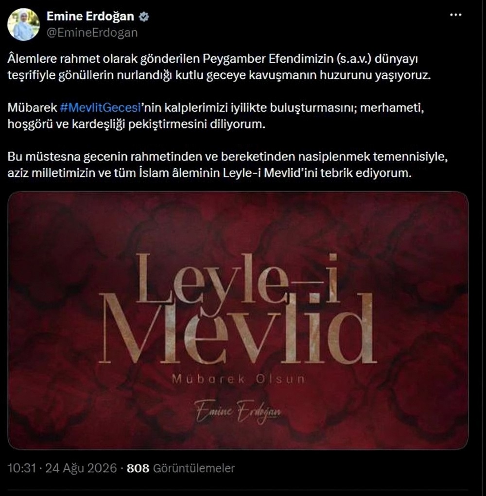 Emine Erdoğan Mevlit Kandili dolayısıyla mesaj yayımladı