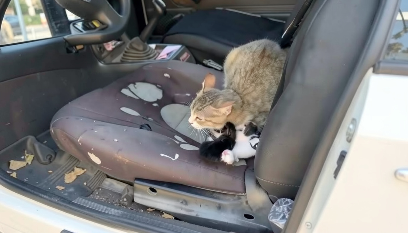 Mersin'de otomobilin içinde yavrulayan kedi belediye ekiplerince kurtarıldı