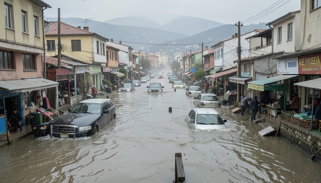 Rize İyidere'de sel suları ilçe merkezini ve araçları su altında bıraktı