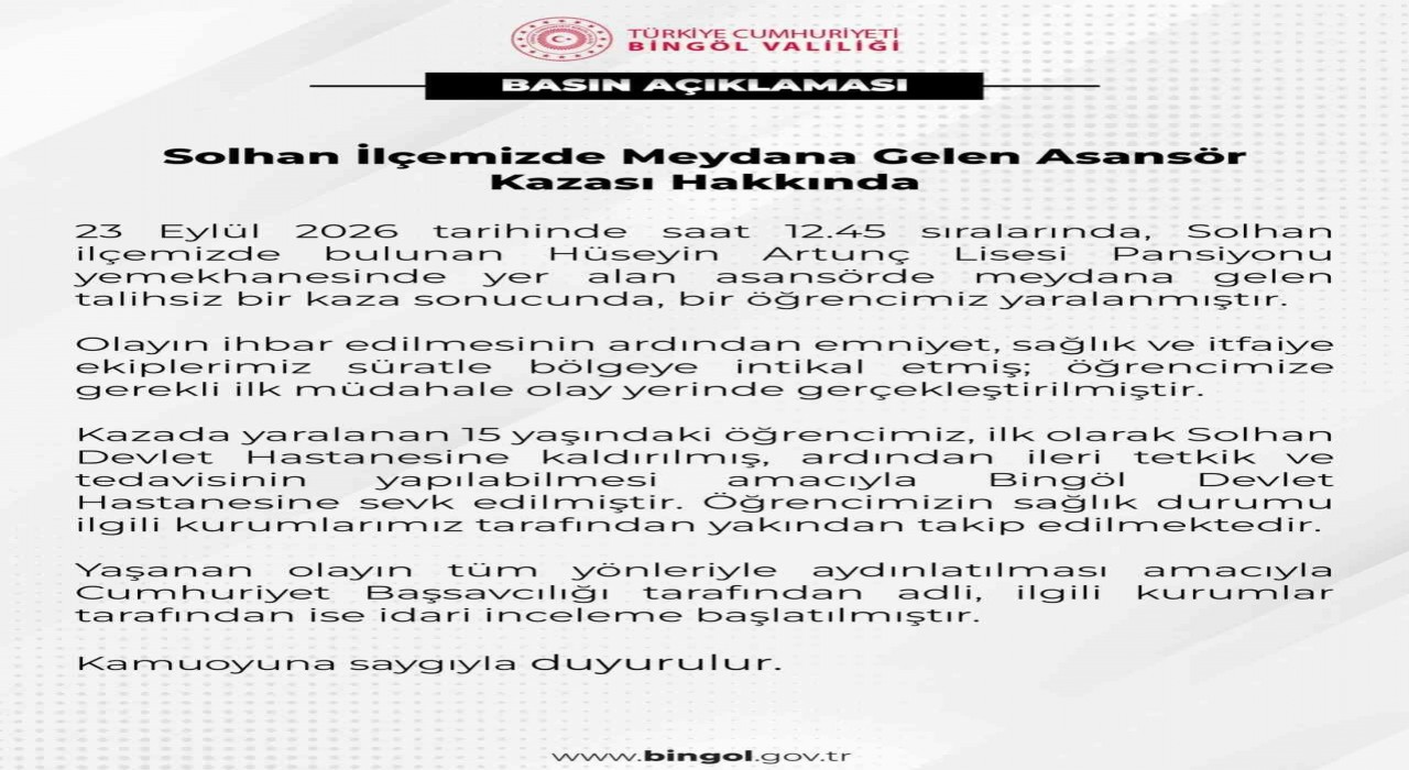 Bingöl'de okul mutfağındaki asansör kazasında bir öğrenci yaralandı