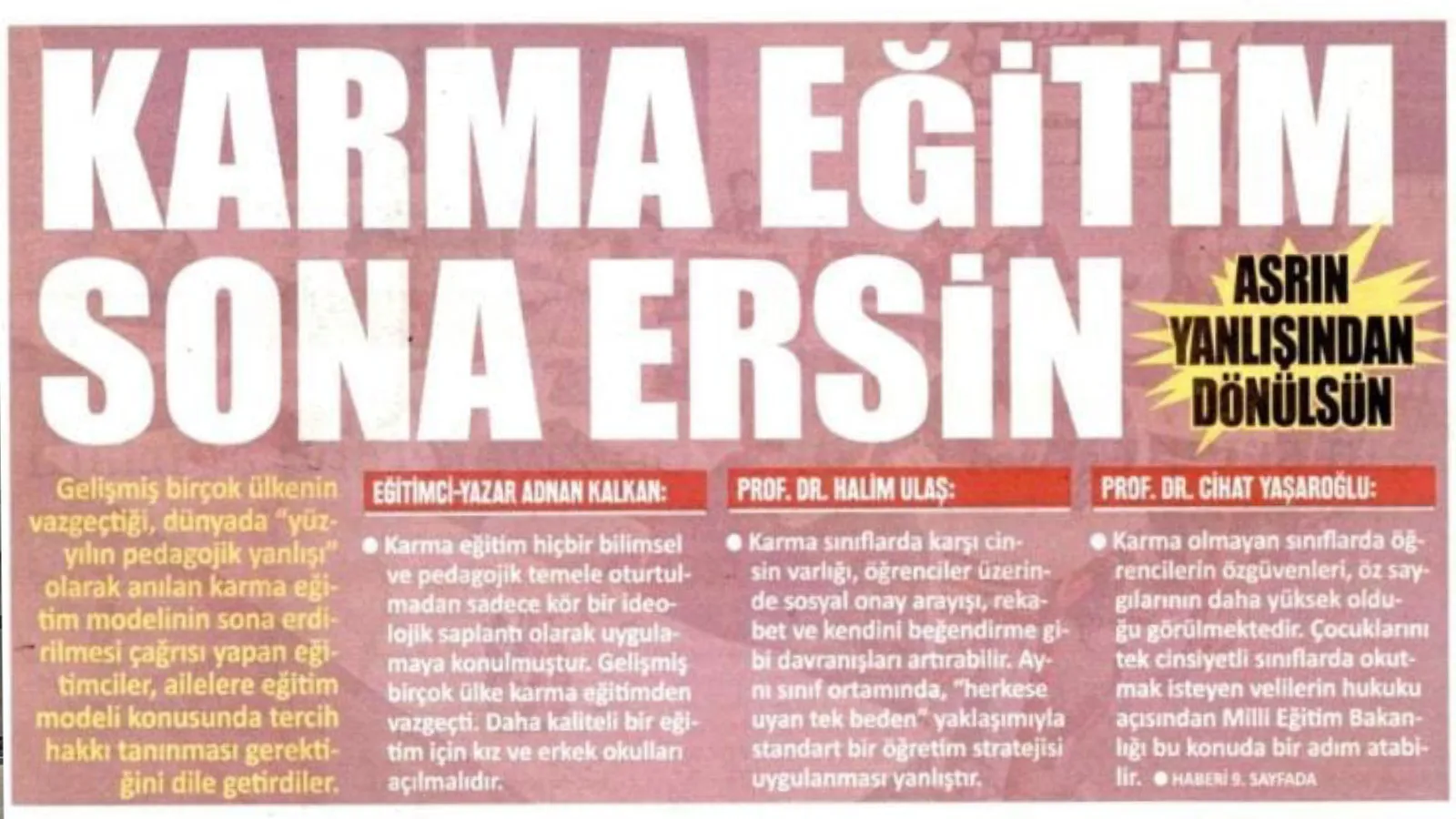 Yeni Akit gazetesi karma eğitimin kaldırılması çağrısında bulundu